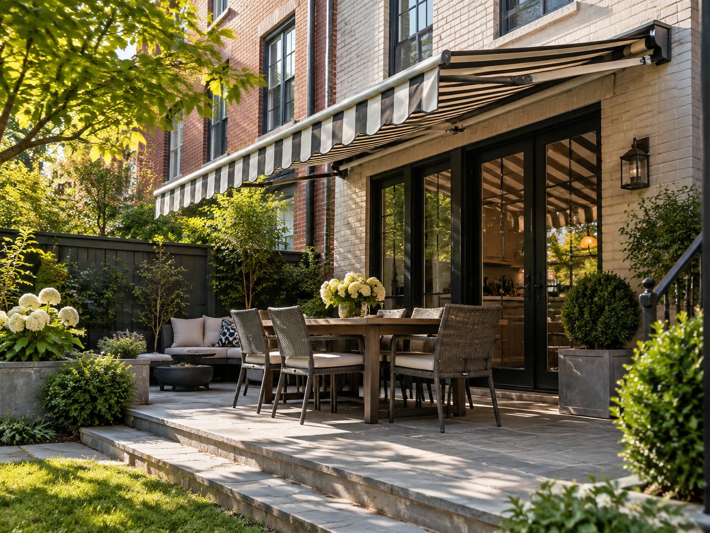 Retractable patio awning on a Washington rowhouse