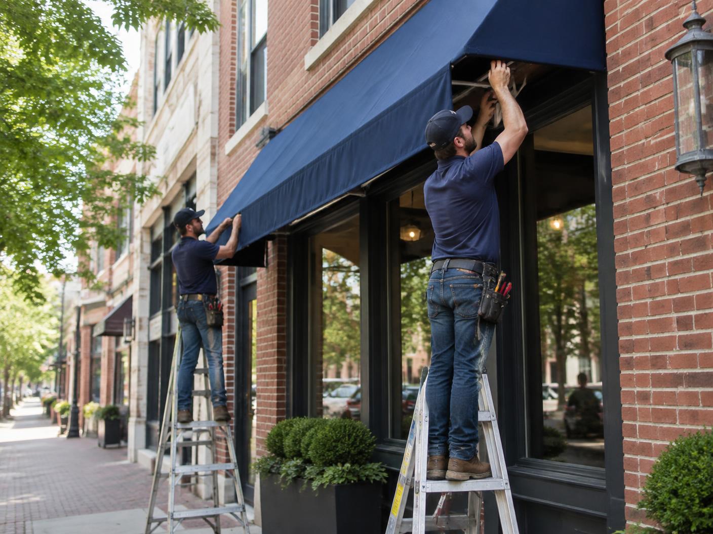 Craftspeople installing a custom storefront awning