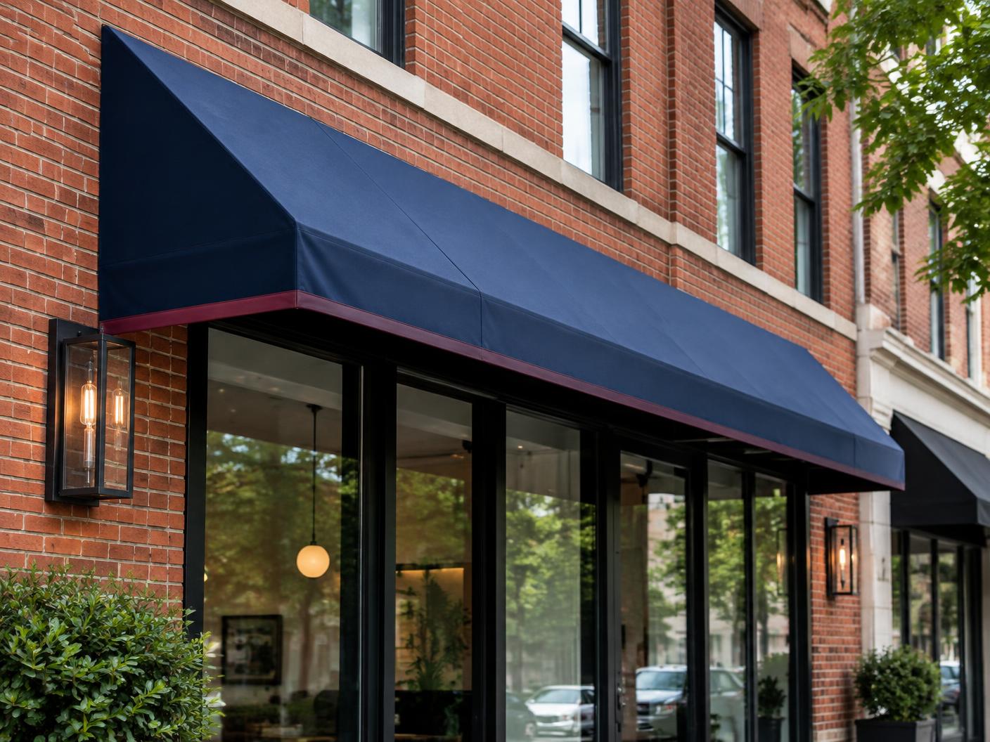 Navy storefront canopy on a brick building